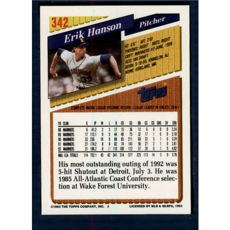 1993 Topps #342 Erik Hanson NM-MT Seattle Mariners Baseball Card - Baseball Card Single