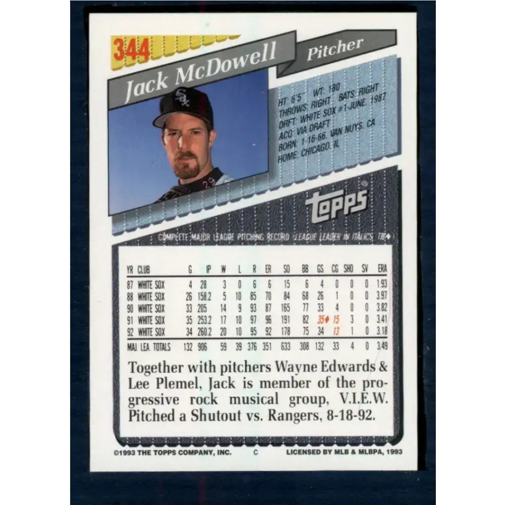 1993 Topps #344 Jack McDowell NM-MT Chicago White Sox Baseball Card - Baseball Card Single