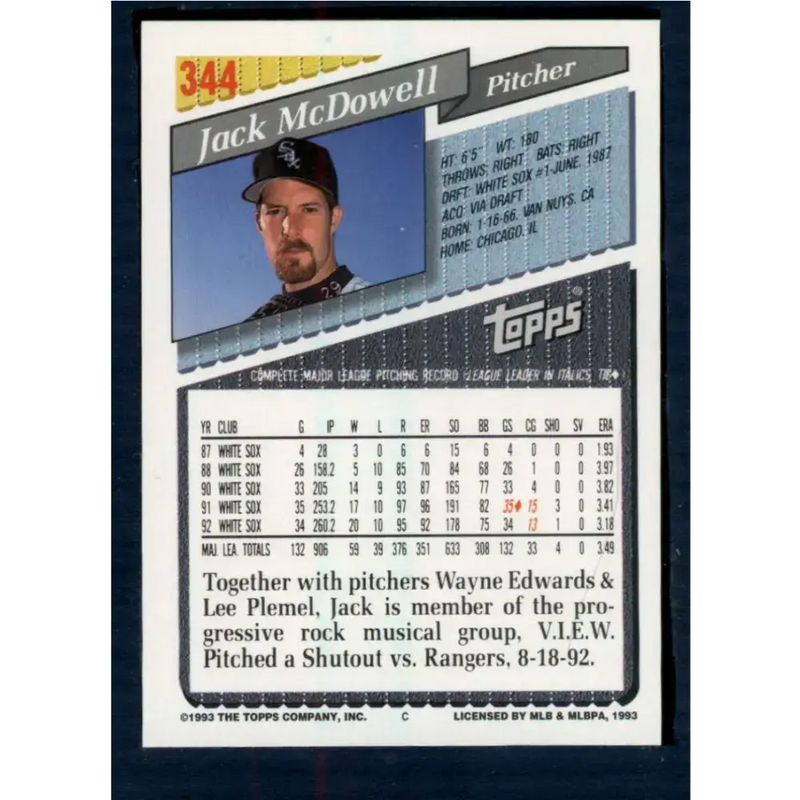 1993 Topps #344 Jack McDowell NM-MT Chicago White Sox Baseball Card - Baseball Card Single