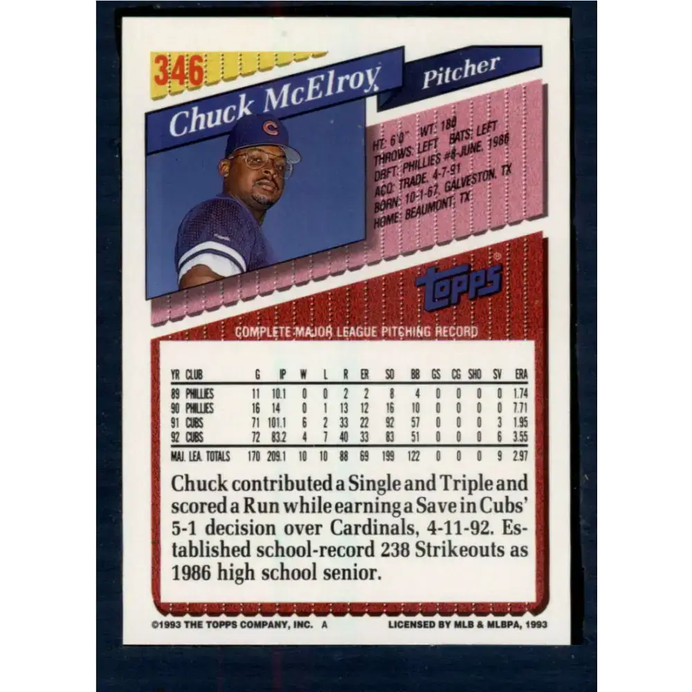 1993 Topps #346 Chuck McElroy NM-MT Chicago Cubs Baseball Card - Baseball Card Single