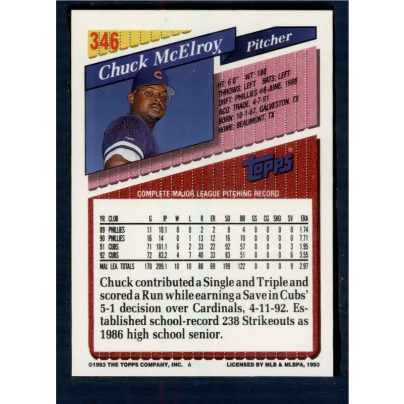 1993 Topps #346 Chuck McElroy NM-MT Chicago Cubs Baseball Card - Baseball Card Single