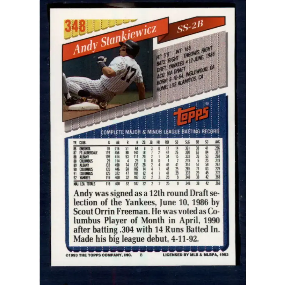 1993 Topps #348 Andy Stankiewicz NM-MT New York Yankees Baseball Card - Baseball Card Single