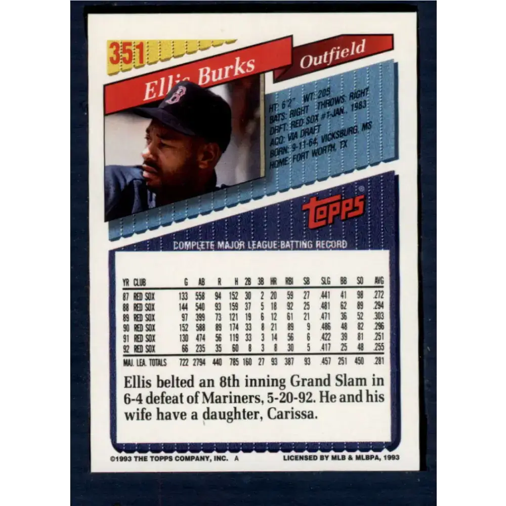 1993 Topps #351 Ellis Burks NM-MT Boston Red Sox Baseball Card - Baseball Card Single