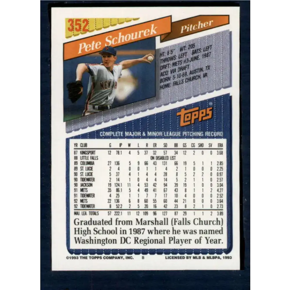 1993 Topps #352 Pete Schourek NM-MT New York Mets Baseball Card - Baseball Card Single