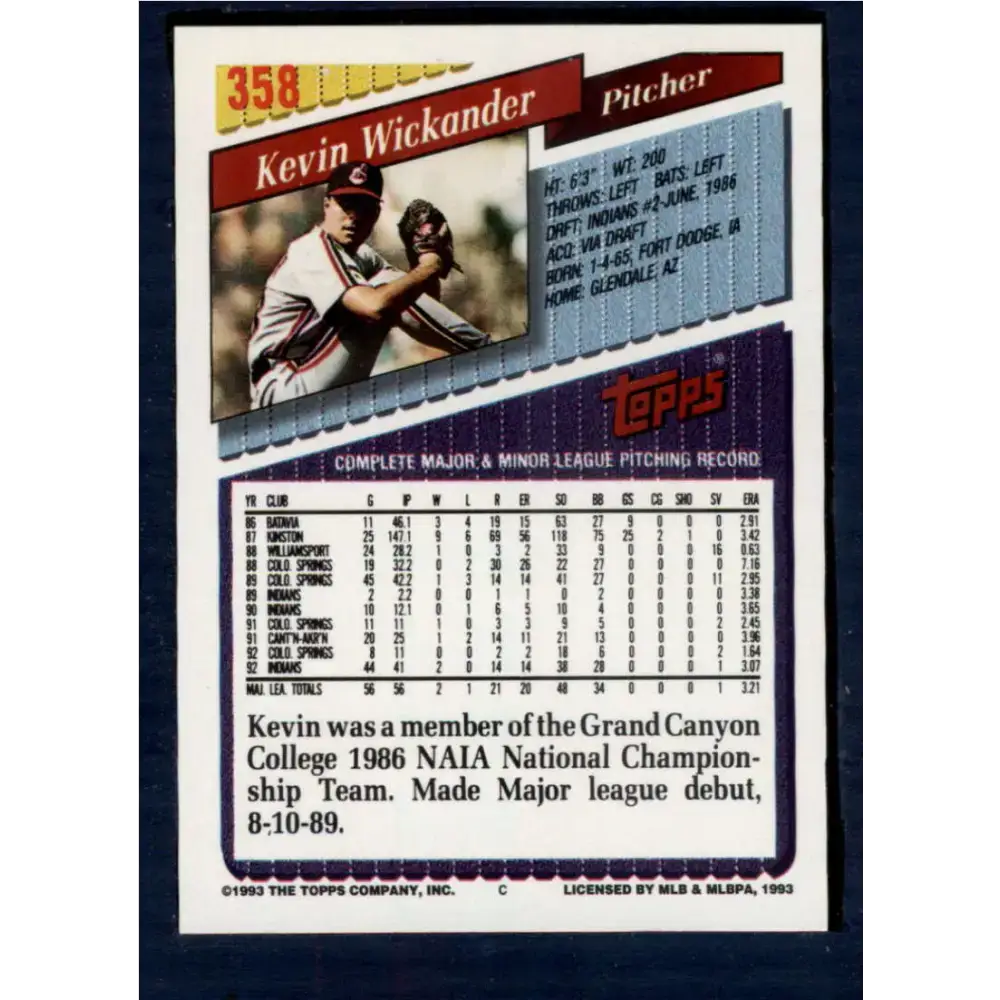 1993 Topps #358 Kevin Wickander NM-MT Cleveland Indians Baseball Card - Baseball Card Single