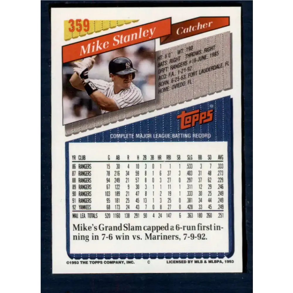 1993 Topps #359 Mike Stanley NM-MT New York Yankees Baseball Card - Baseball Card Single