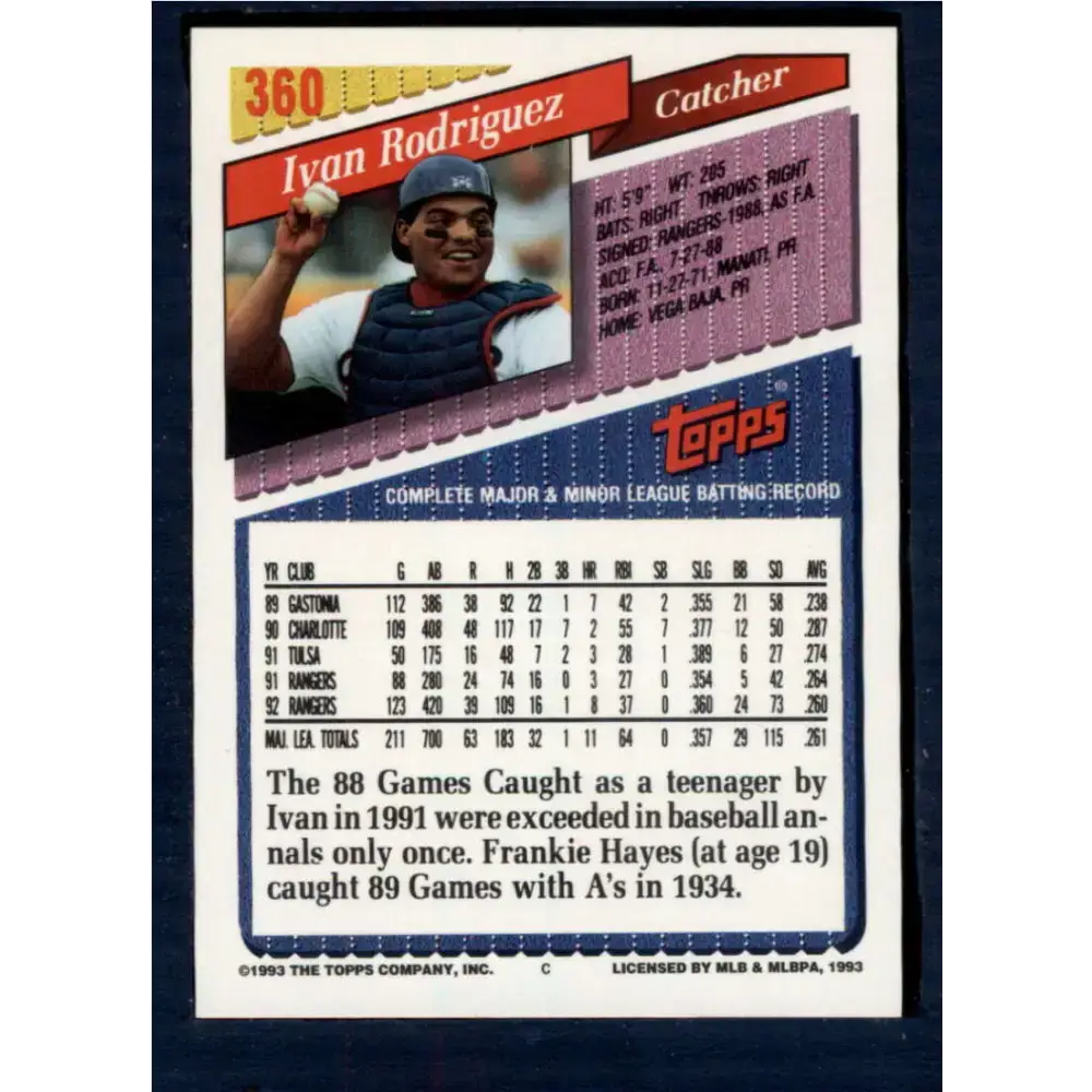 1993 Topps #360 Ivan Rodriguez NM-MT Texas Rangers Baseball Card - Baseball Card Single