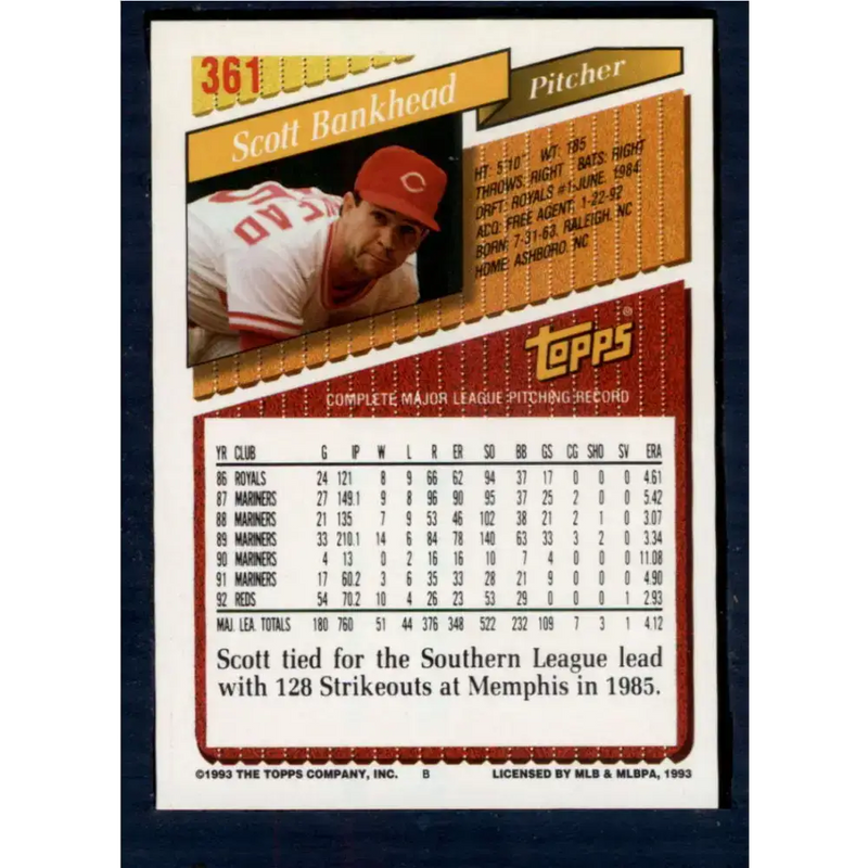 1993 Topps #361 Scott Bankhead NM-MT Cincinnati Reds Baseball Card - Baseball Card Single