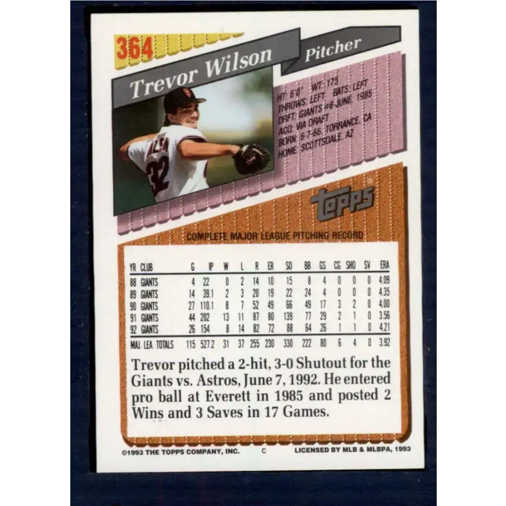 1993 Topps #364 Trevor Wilson NM-MT San Francisco Giants Baseball Card - Baseball Card Single