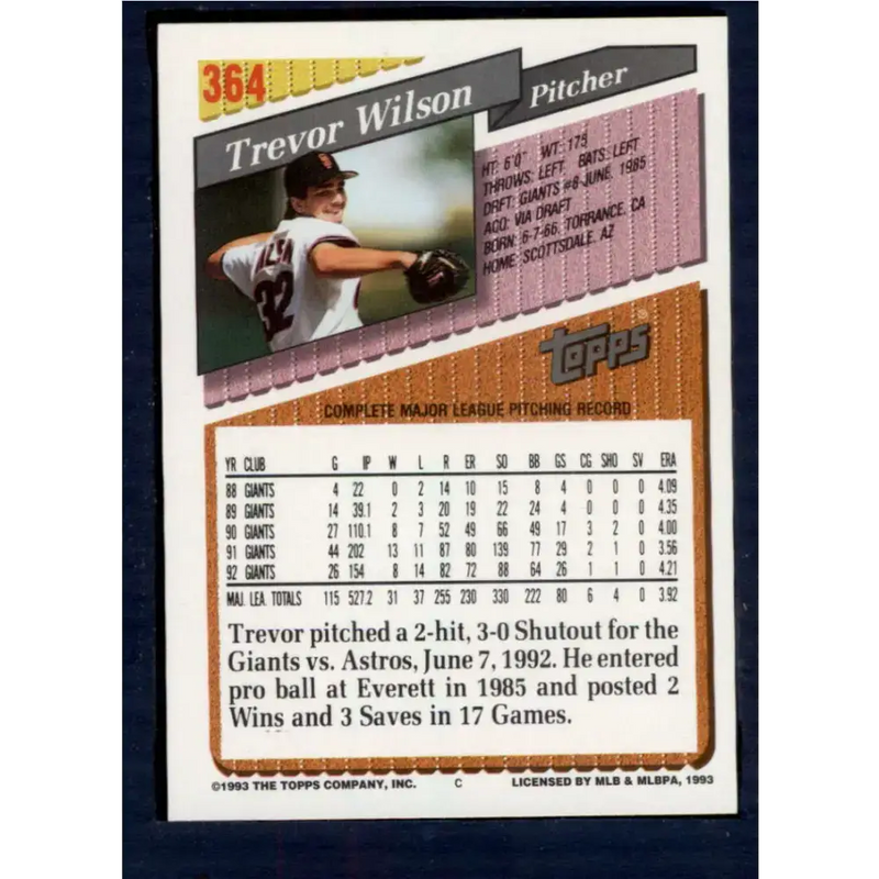 1993 Topps #364 Trevor Wilson NM-MT San Francisco Giants Baseball Card - Baseball Card Single