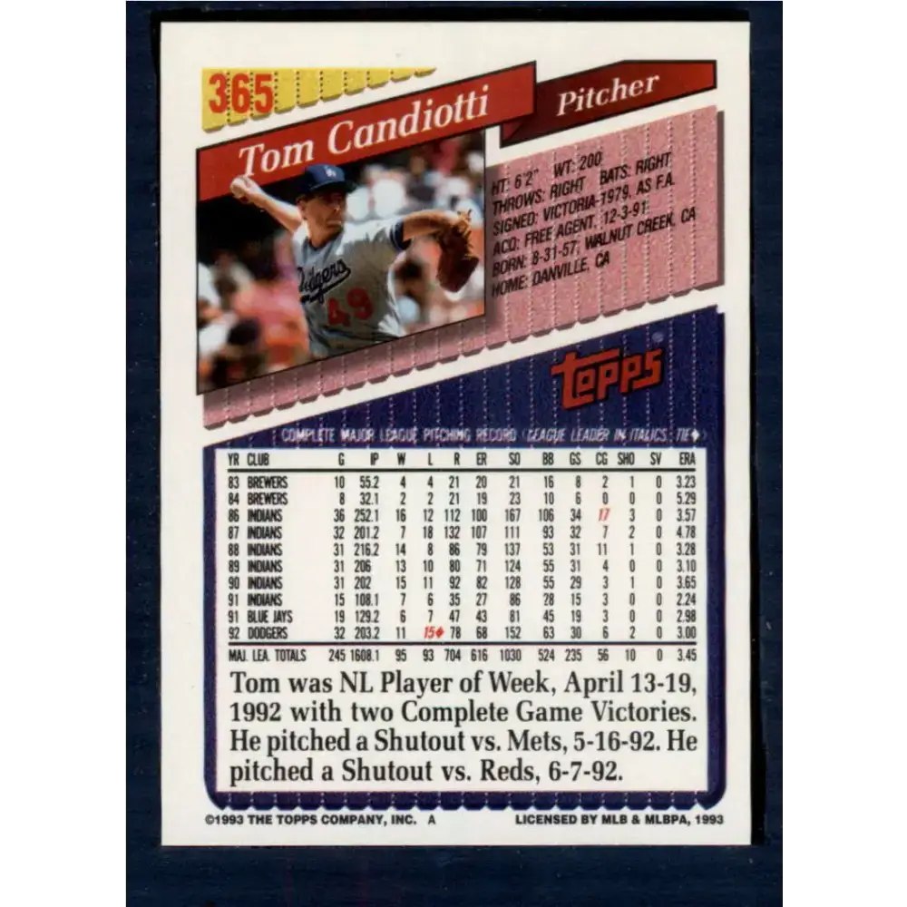 1993 Topps #365 Tom Candiotti NM-MT Los Angeles Dodgers Baseball Card - Baseball Card Single