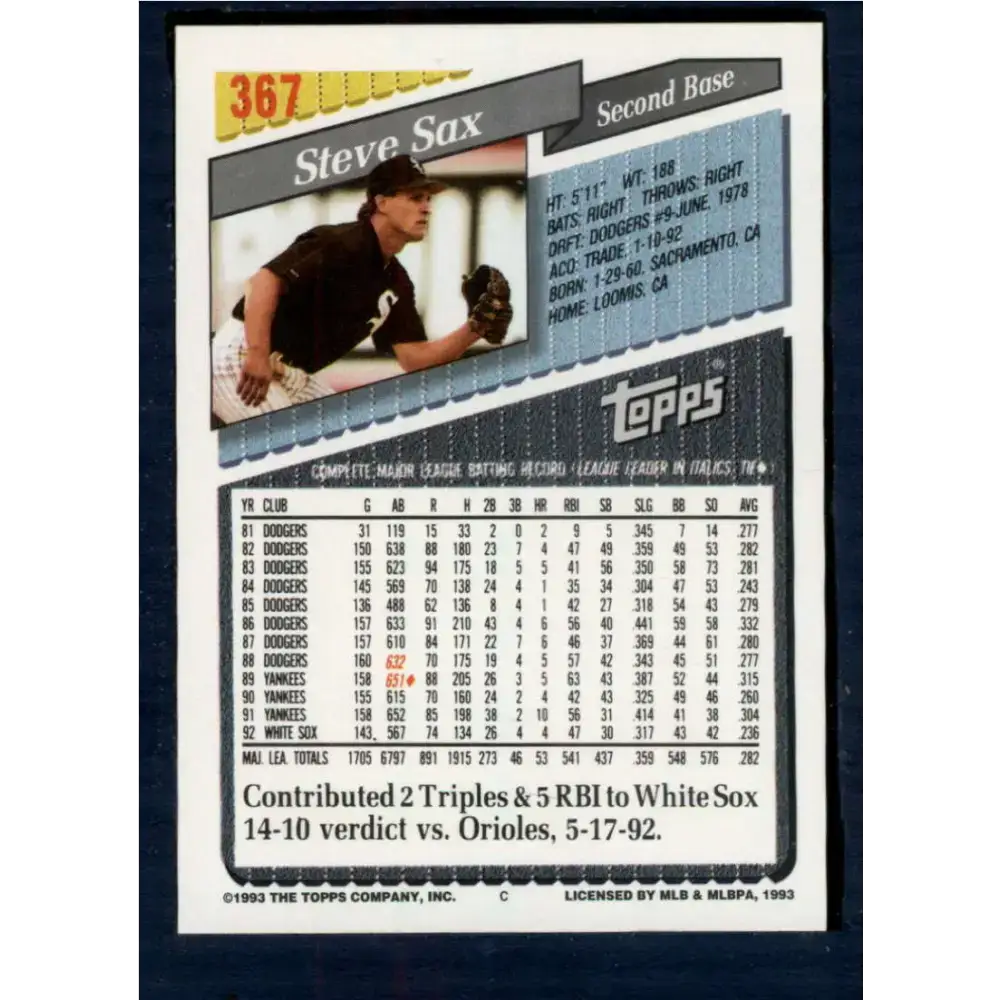 1993 Topps #367 Steve Sax NM-MT Chicago White Sox Baseball Card - Baseball Card Single