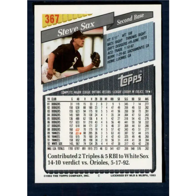 1993 Topps #367 Steve Sax NM-MT Chicago White Sox Baseball Card - Baseball Card Single