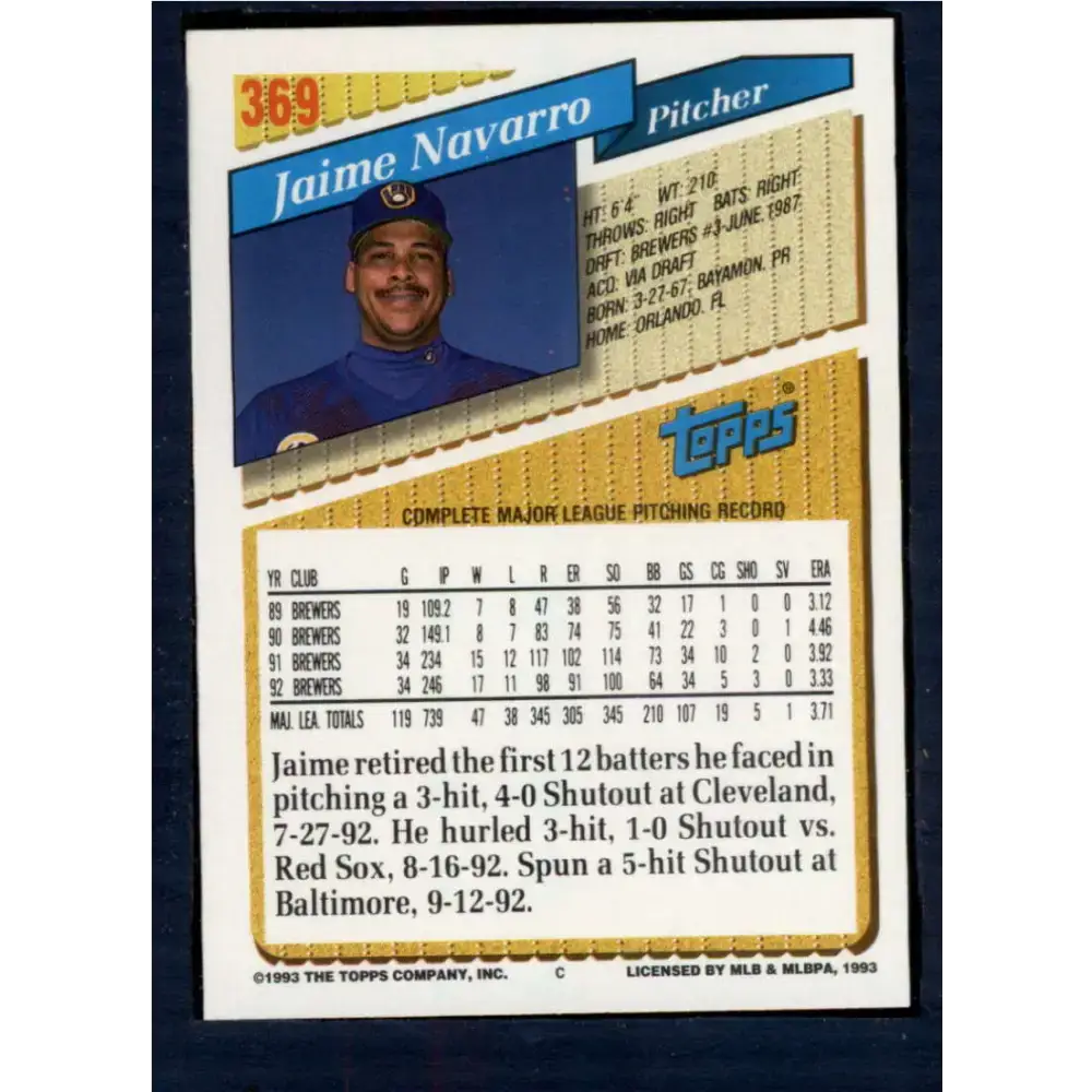 1993 Topps #369 Jaime Navarro NM-MT Milwaukee Brewers Baseball Card - Baseball Card Single