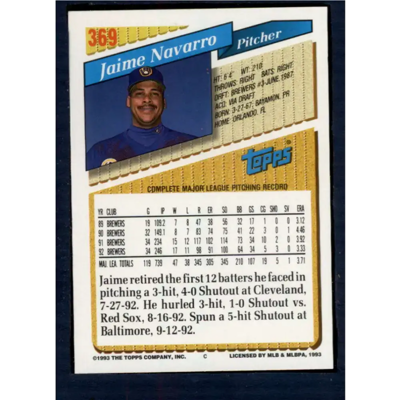1993 Topps #369 Jaime Navarro NM-MT Milwaukee Brewers Baseball Card - Baseball Card Single
