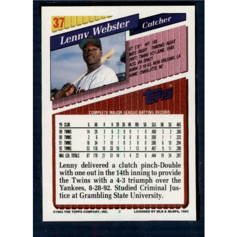 1993 Topps #37 Lenny Webster NM-MT Minnesota Twins Baseball Card - Baseball Card Single
