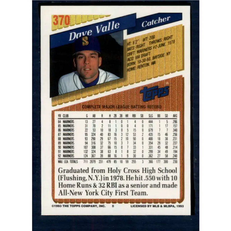 1993 Topps #370 Dave Valle NM-MT Seattle Mariners Baseball Card - Baseball Card Single
