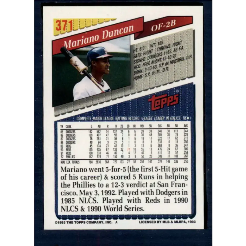 1993 Topps #371 Mariano Duncan NM-MT Philadelphia Phillies Baseball Card - Baseball Card Single