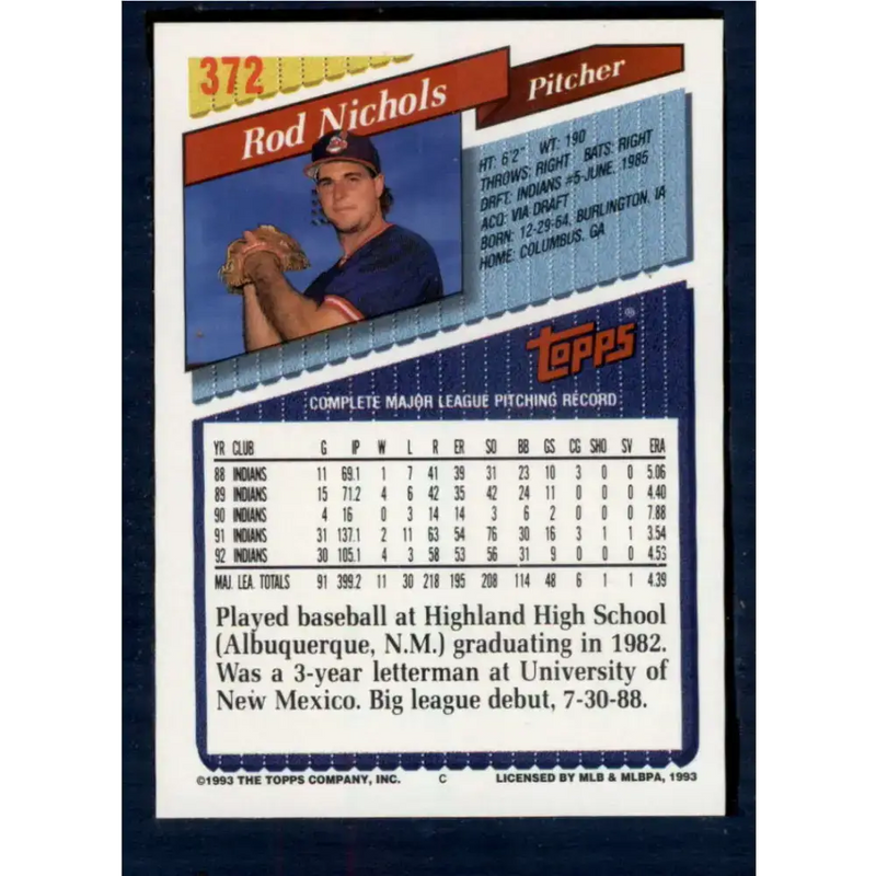 1993 Topps #372 Rod Nichols NM-MT Cleveland Indians Baseball Card - Baseball Card Single