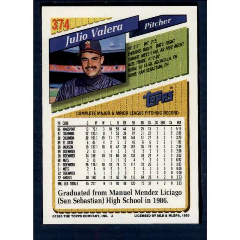 1993 Topps #374 Julio Valera NM-MT California Angels Baseball Card - Baseball Card Single