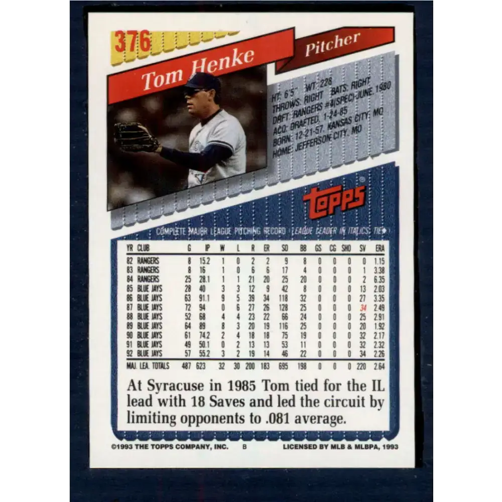 1993 Topps #376 Tom Henke NM-MT Toronto Blue Jays Baseball Card - Baseball Card Single