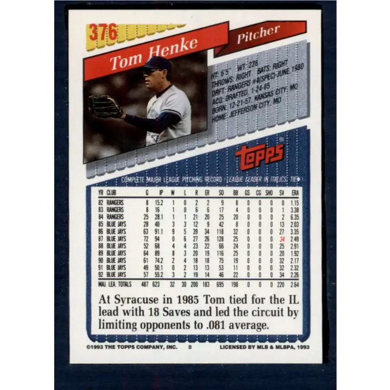 1993 Topps #376 Tom Henke NM-MT Toronto Blue Jays Baseball Card - Baseball Card Single