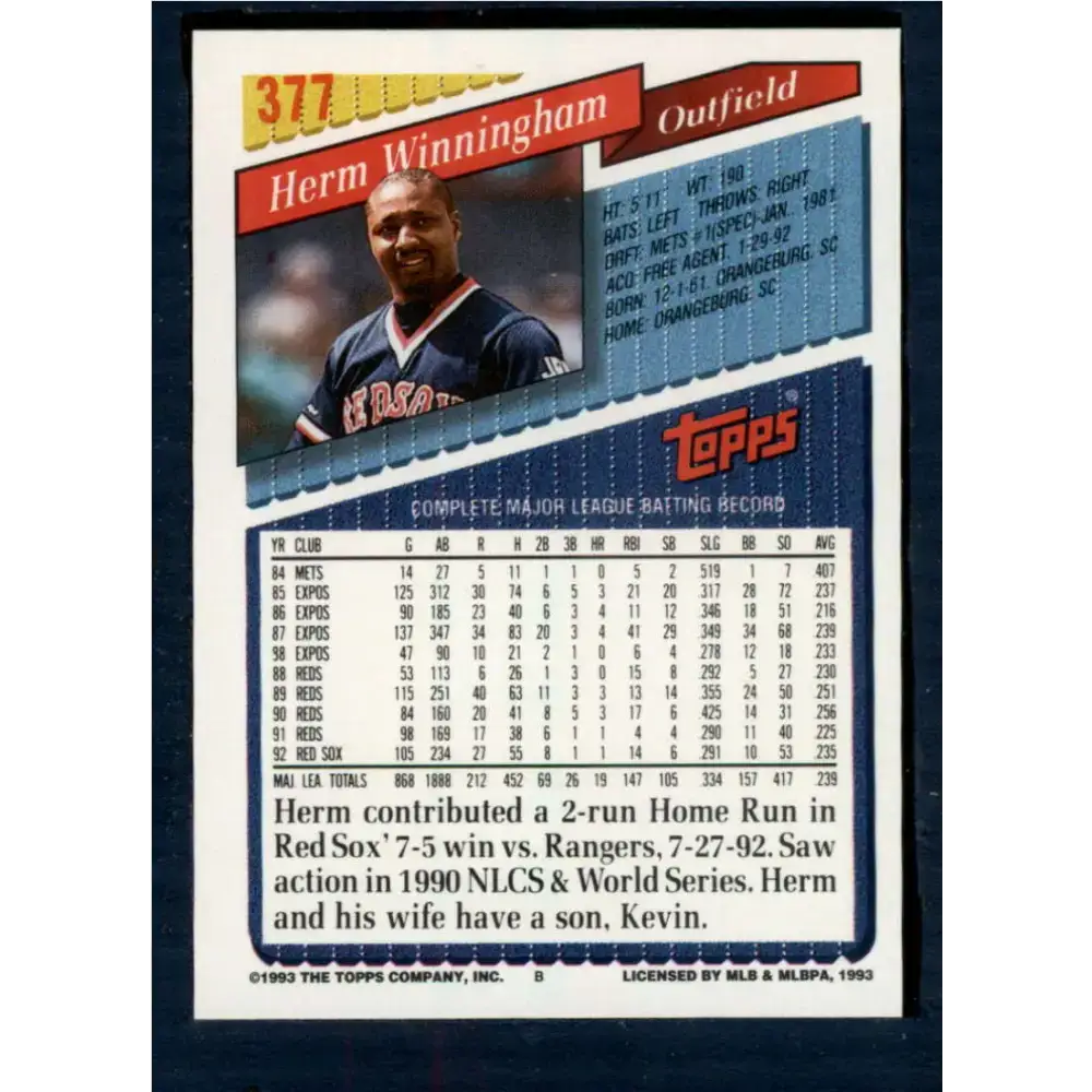 1993 Topps #377 Herm Winningham NM-MT Boston Red Sox Baseball Card - Baseball Card Single