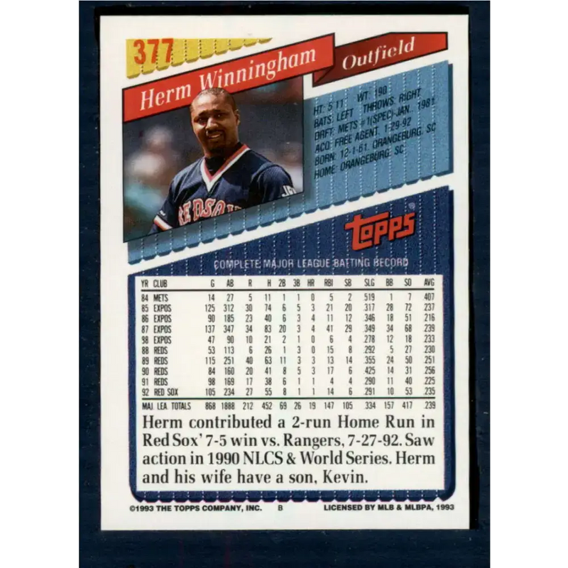 1993 Topps #377 Herm Winningham NM-MT Boston Red Sox Baseball Card - Baseball Card Single