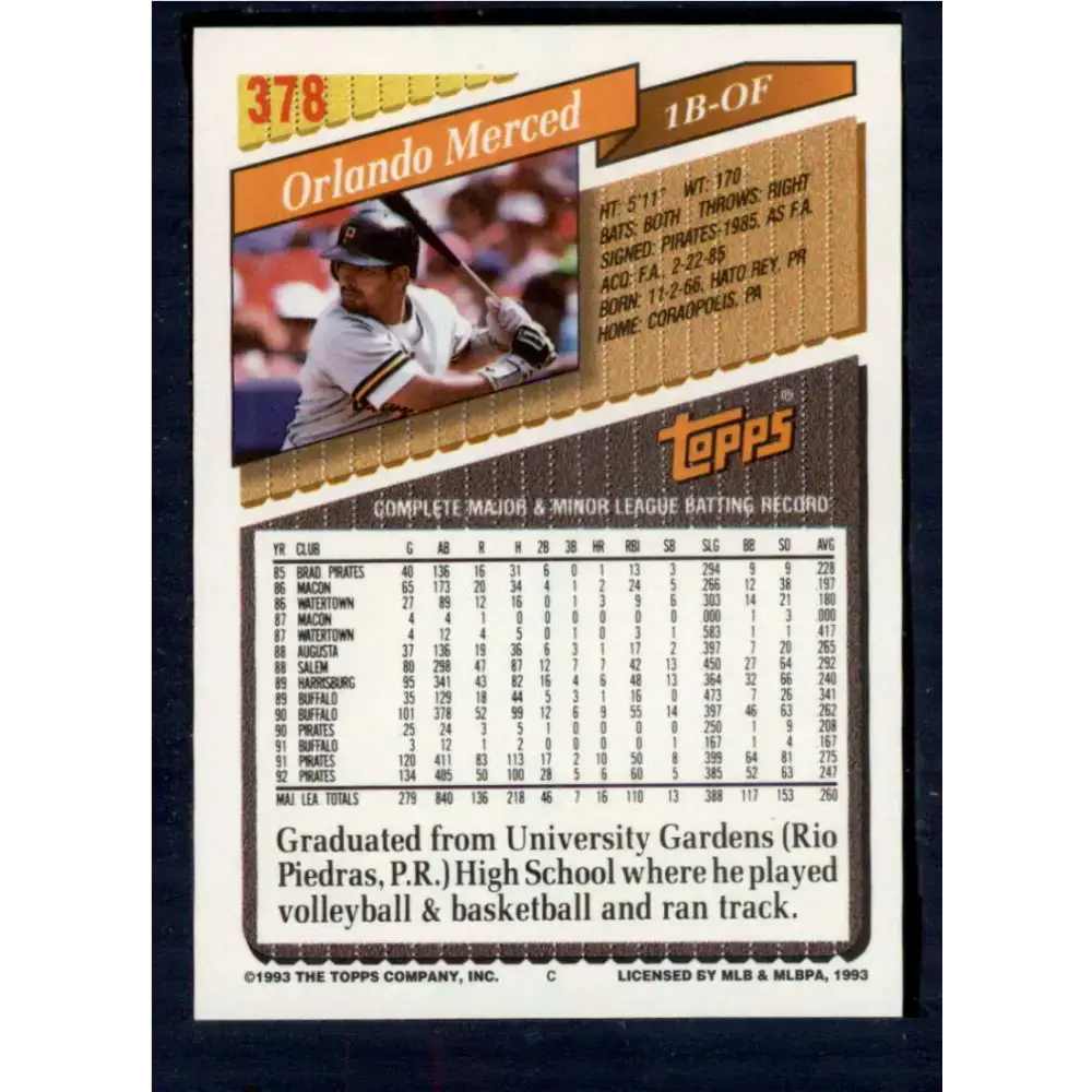 1993 Topps #378 Orlando Merced NM-MT Pittsburgh Pirates Baseball Card - Baseball Card Single