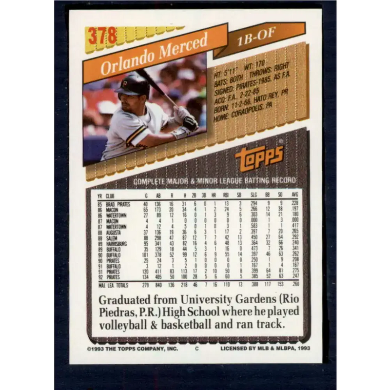 1993 Topps #378 Orlando Merced NM-MT Pittsburgh Pirates Baseball Card - Baseball Card Single