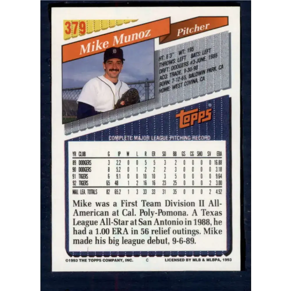 1993 Topps #379 Mike Munoz NM-MT Detroit Tigers Baseball Card - Baseball Card Single