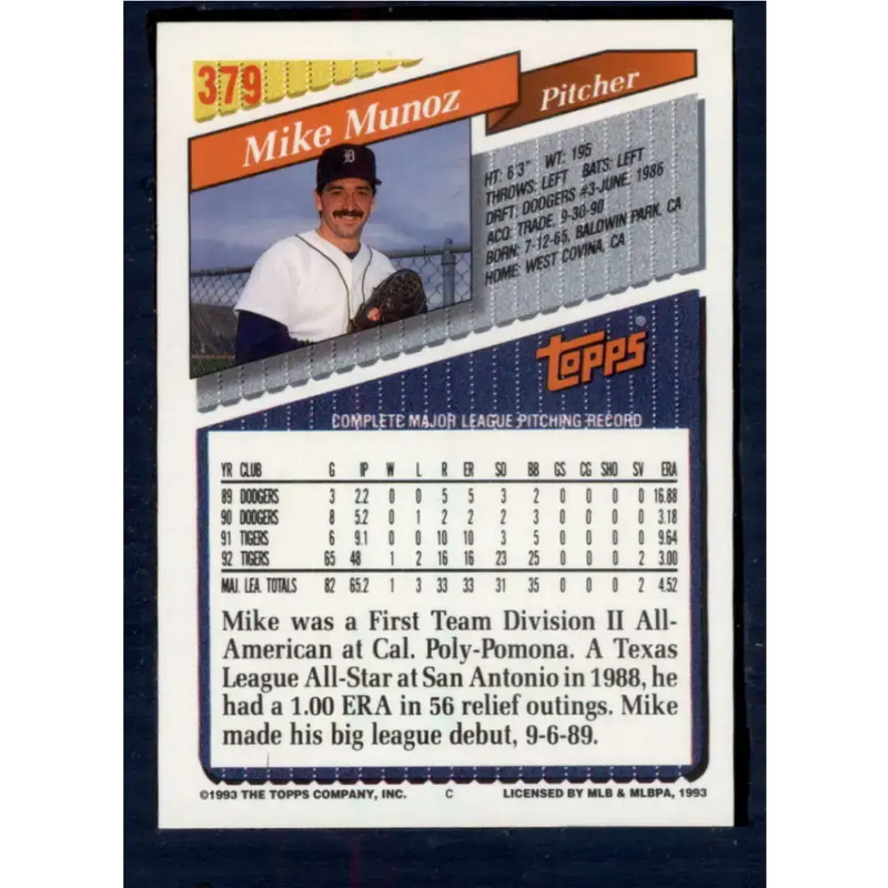 1993 Topps #379 Mike Munoz NM-MT Detroit Tigers Baseball Card - Baseball Card Single