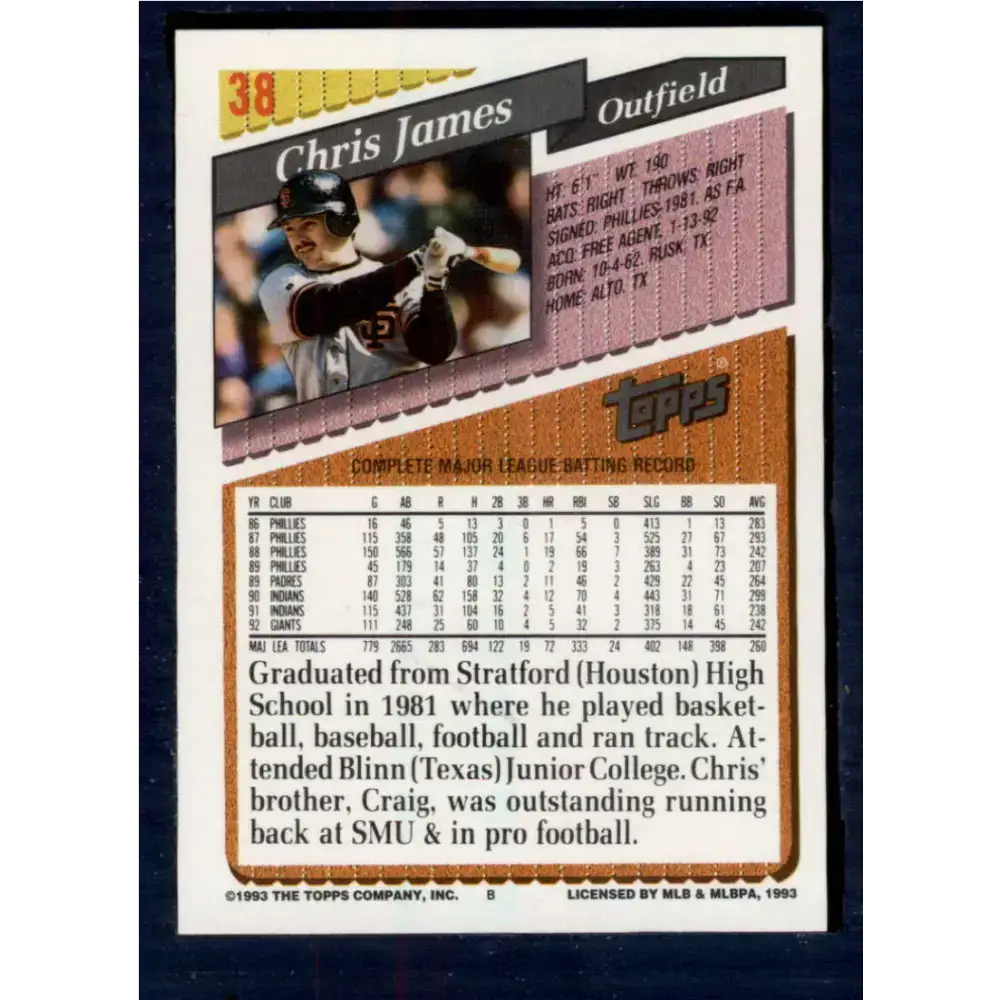 1993 Topps #38 Chris James NM-MT San Francisco Giants Baseball Card - Baseball Card Single