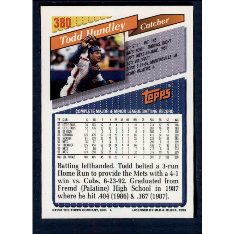1993 Topps #380 Todd Hundley NM-MT New York Mets Baseball Card - Baseball Card Single