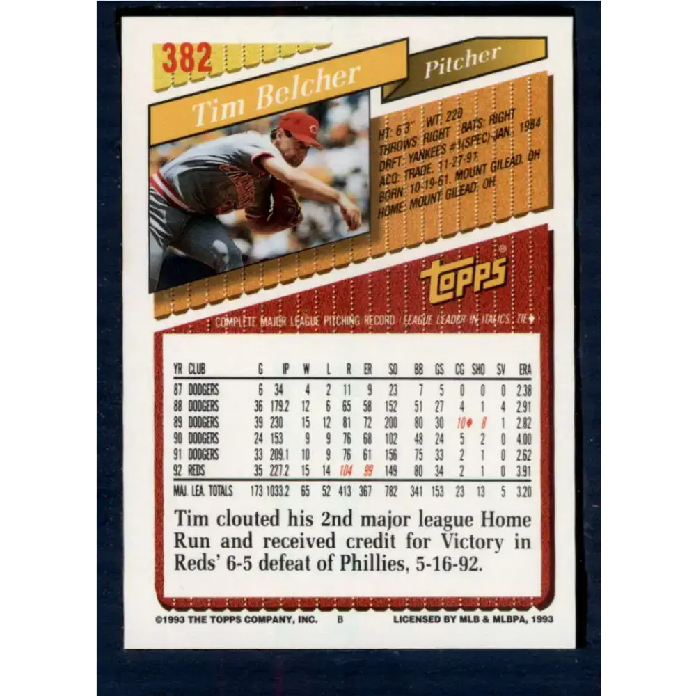 1993 Topps #382 Tim Belcher NM-MT Cincinnati Reds Baseball Card - Baseball Card Single