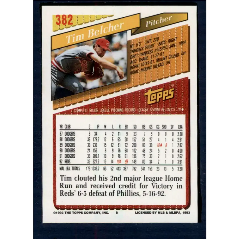 1993 Topps #382 Tim Belcher NM-MT Cincinnati Reds Baseball Card - Baseball Card Single