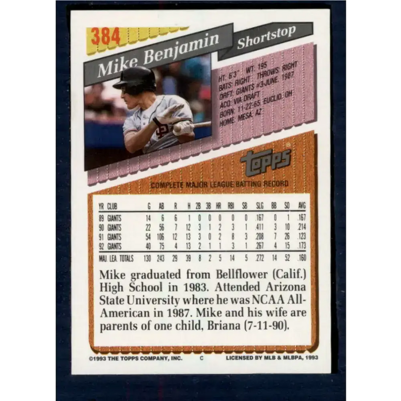 1993 Topps #384 Mike Benjamin NM-MT San Francisco Giants Baseball Card - Baseball Card Single
