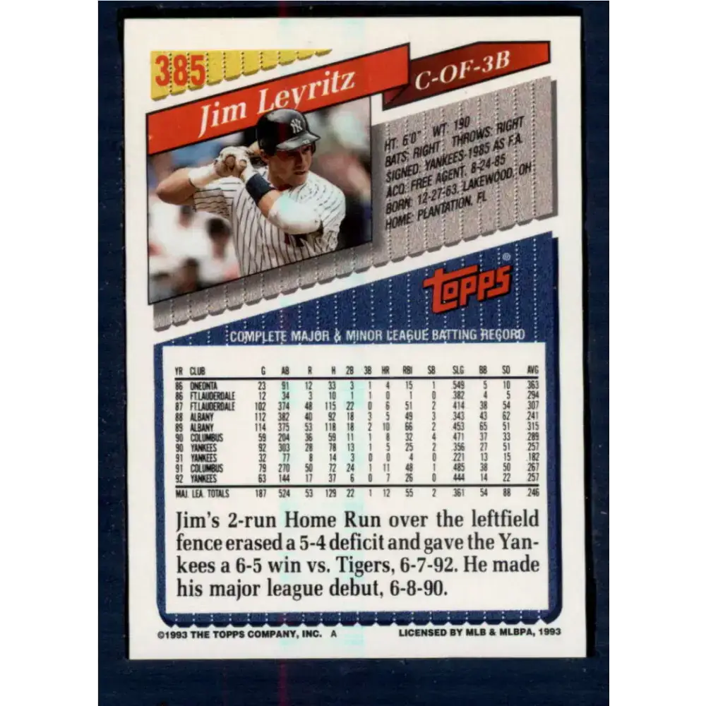 1993 Topps #385 Jim Leyritz NM-MT New York Yankees Baseball Card - Baseball Card Single