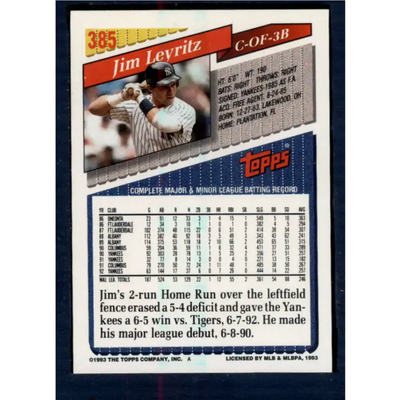 1993 Topps #385 Jim Leyritz NM-MT New York Yankees Baseball Card - Baseball Card Single