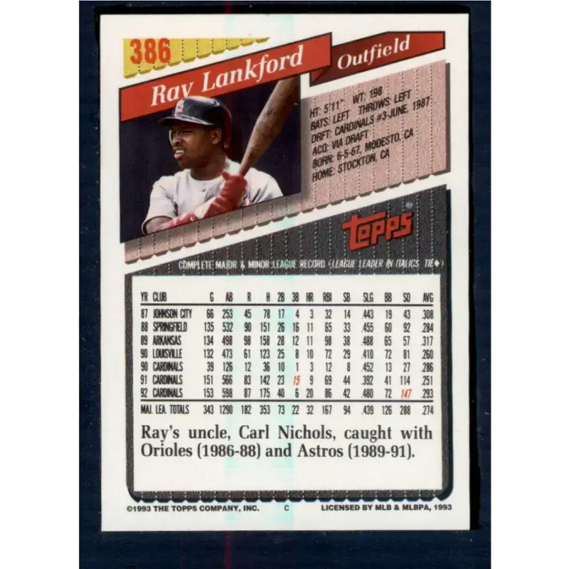 1993 Topps #386 Ray Lankford NM-MT St. Louis Cardinals Baseball Card - Baseball Card Single