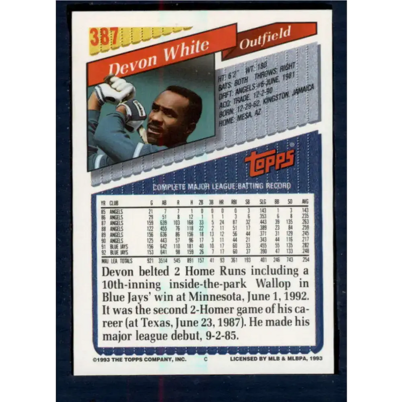 1993 Topps #387 Devon White NM-MT Toronto Blue Jays Baseball Card - Baseball Card Single