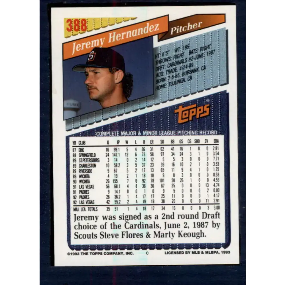 1993 Topps #388 Jeremy Hernandez NM-MT San Diego Padres Baseball Card - Baseball Card Single