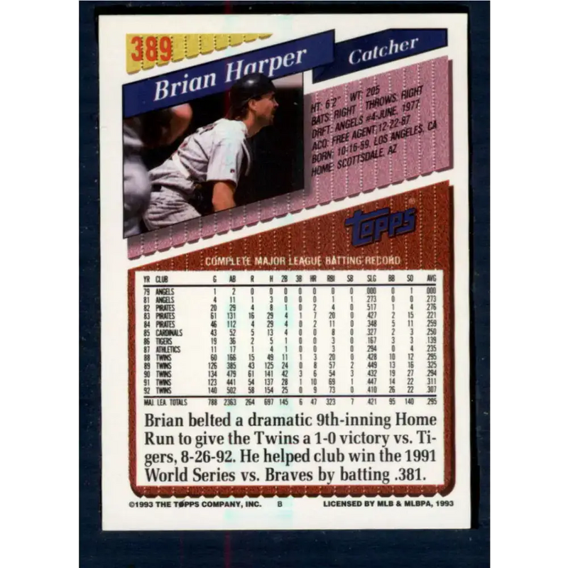 1993 Topps #389 Brian Harper NM-MT Minnesota Twins Baseball Card - Baseball Card Single