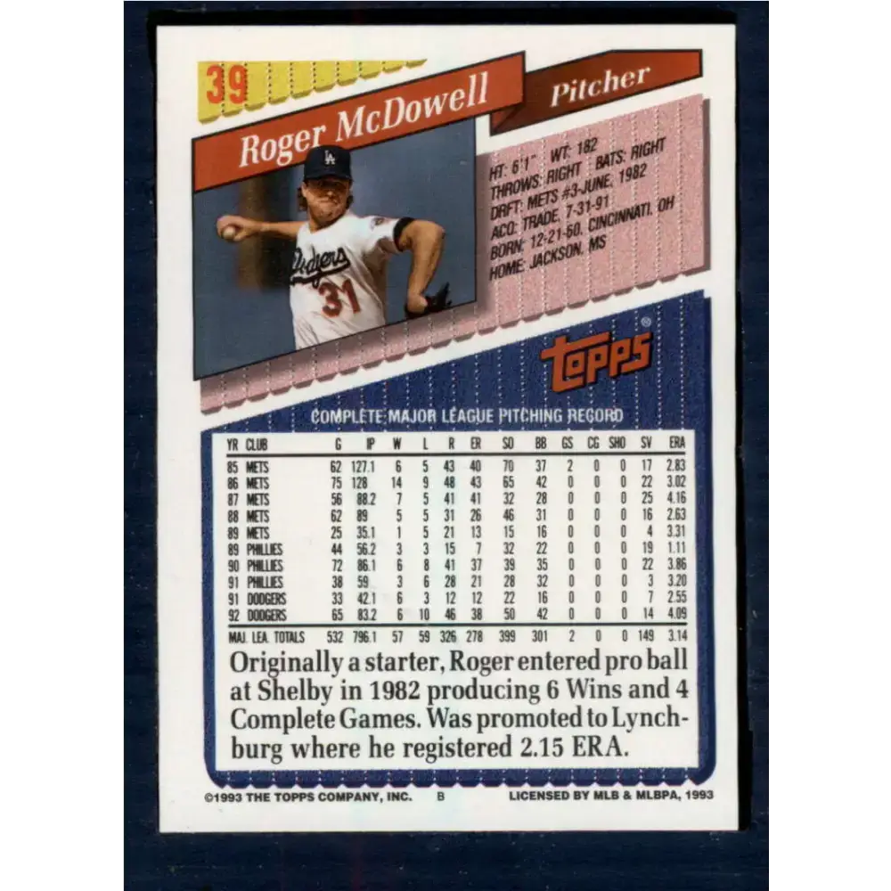 1993 Topps #39 Roger McDowell NM-MT Los Angeles Dodgers Baseball Card - Baseball Card Single