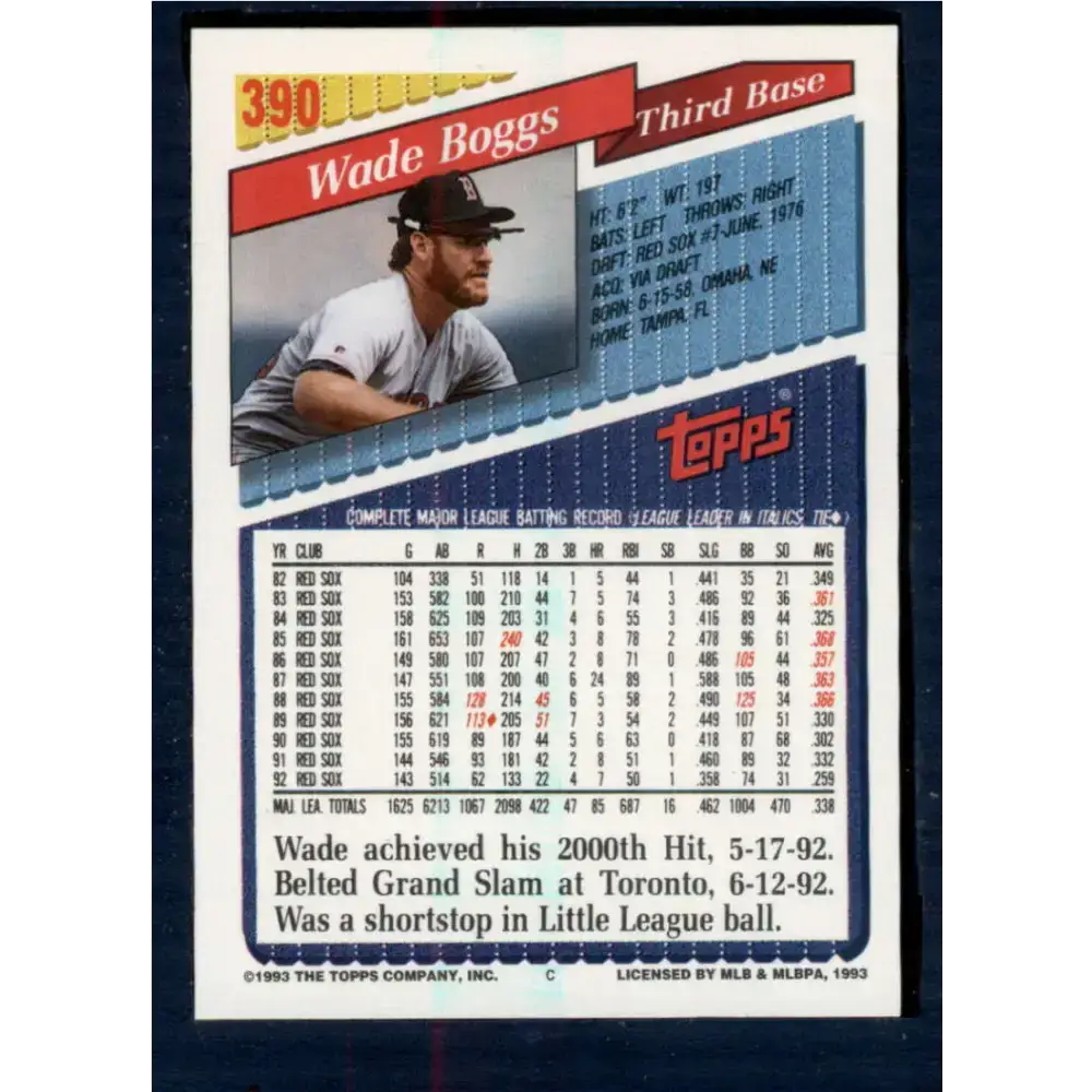 1993 Topps #390 Wade Boggs NM-MT Boston Red Sox Baseball Card - Baseball Card Single