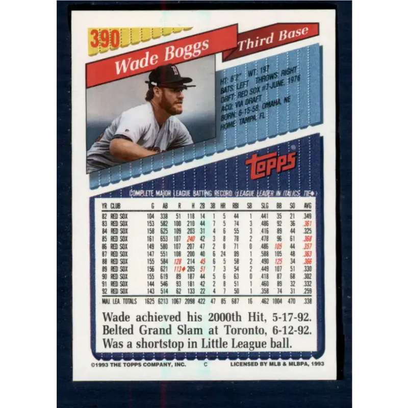 1993 Topps #390 Wade Boggs NM-MT Boston Red Sox Baseball Card - Baseball Card Single