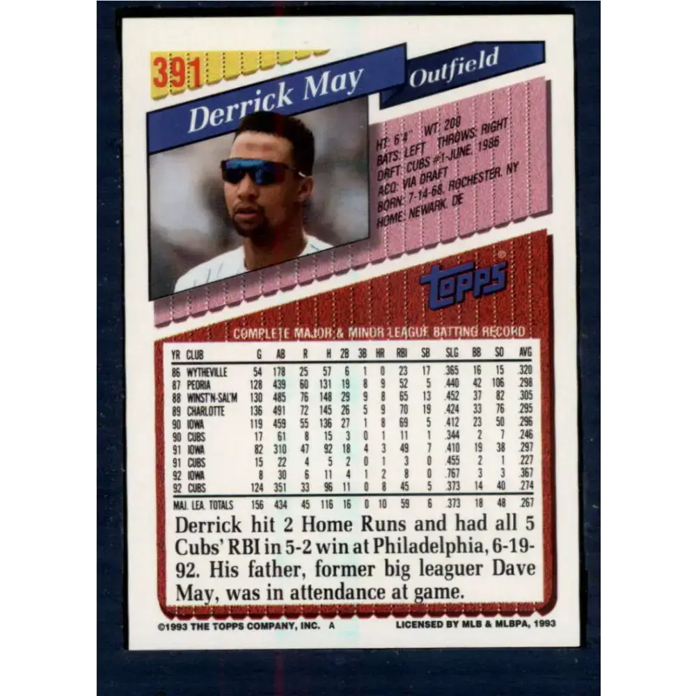 1993 Topps #391 Derrick May NM-MT Chicago Cubs Baseball Card - Baseball Card Single