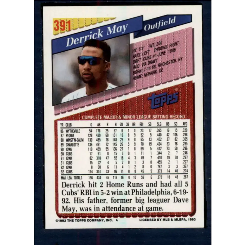 1993 Topps #391 Derrick May NM-MT Chicago Cubs Baseball Card - Baseball Card Single