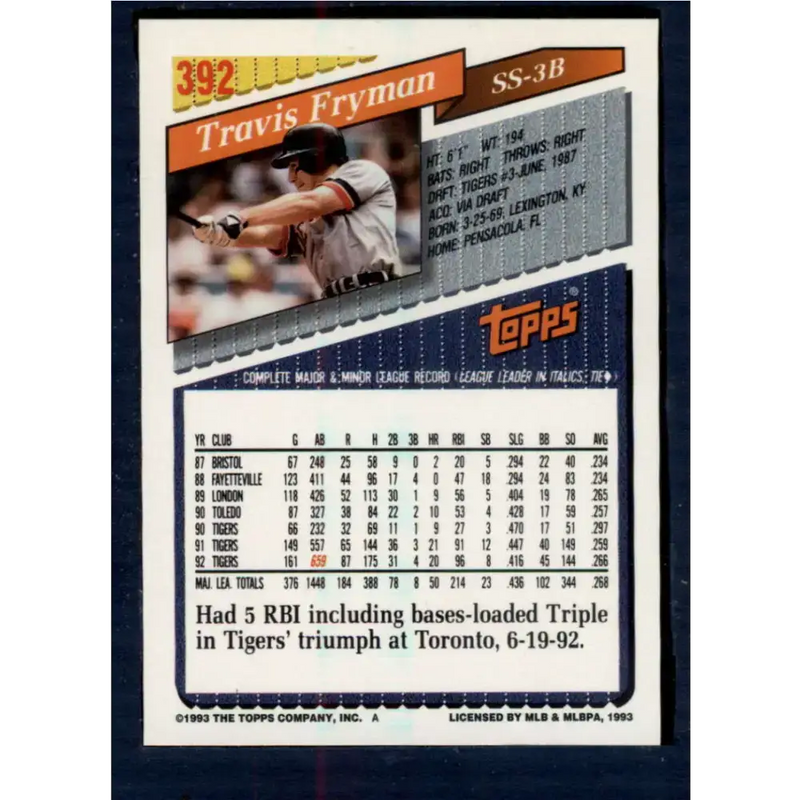 1993 Topps #392 Travis Fryman NM-MT Detroit Tigers Baseball Card - Baseball Card Single