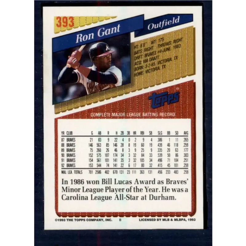 1993 Topps #393 Ron Gant NM-MT Atlanta Braves Baseball Card - Baseball Card Single